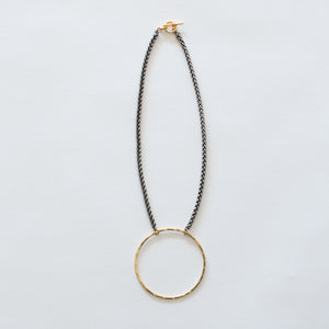Handcrafted Jewelry-Brass Circle Necklace on Silver Wheat Chain
