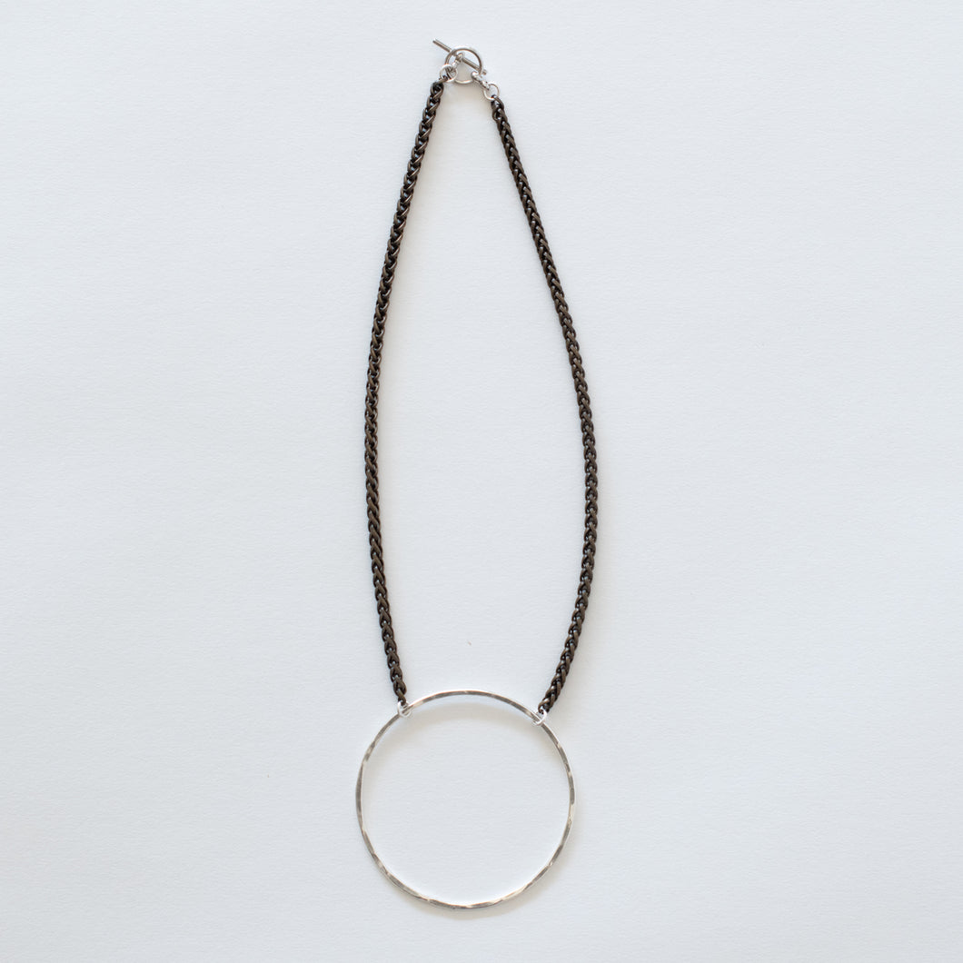 Handcrafted Jewelry-Silver Circle Necklace on Brass Wheat Chain
