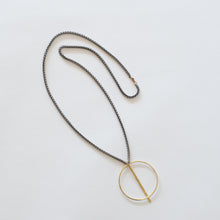 Load image into Gallery viewer, Handcrafted Jewelry-Brass Circle necklace with hammered bar on silver wheat chain
