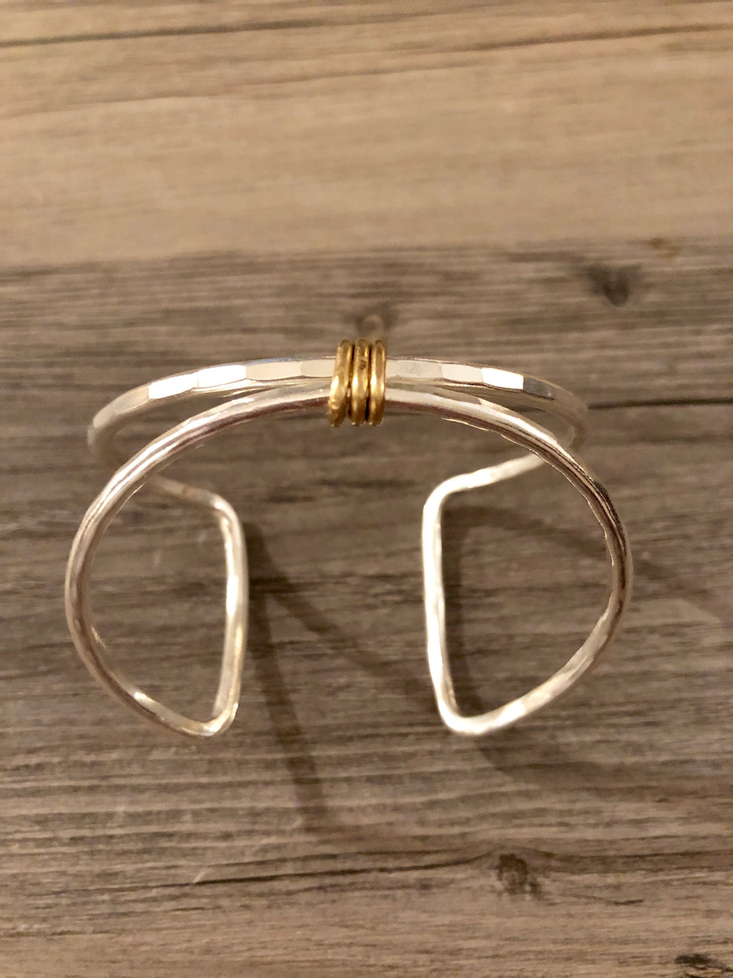 Silver Square Cuff Bracelet with Gold Center Wrap