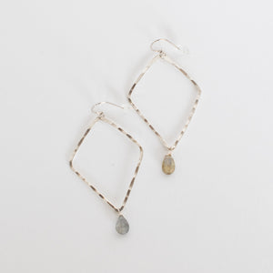 Handcrafted Jewelry-Silver Geometric Hoop Earring with Labradorite accent
